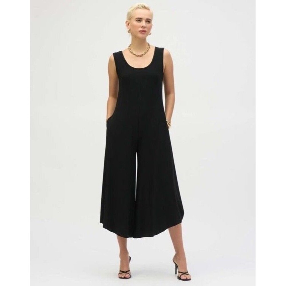 Joseph Ribkoff Sz 16 Sleeveless Wide Leg Jumpsuit Black Silky Knit XL Modern